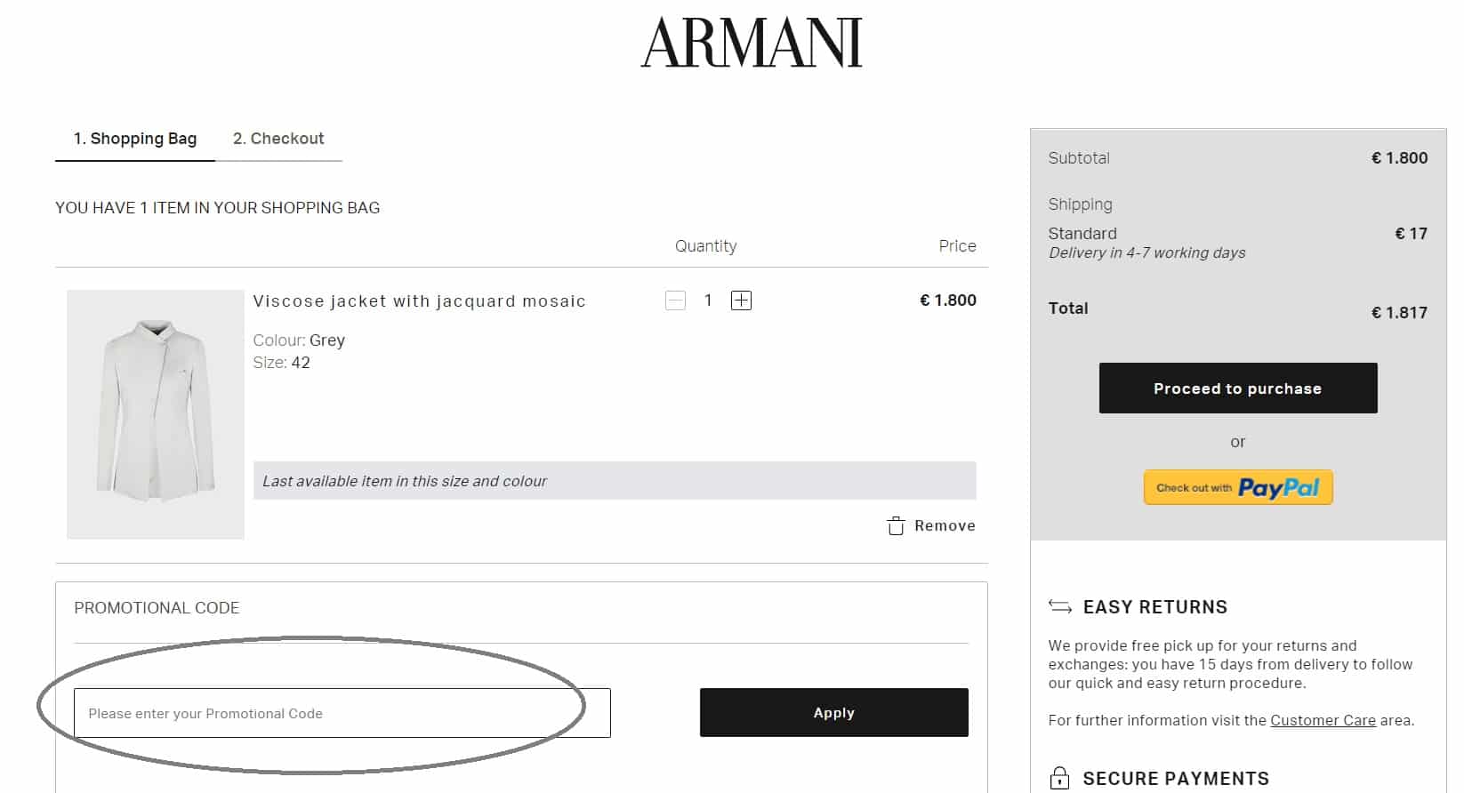 How to add an ARMANI promotional code