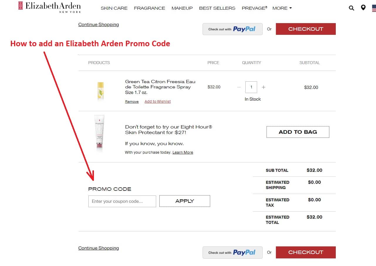 How to add an ELIZABETH ARDEN Promo Code