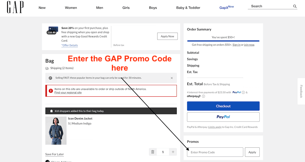 How to add a GAP promo code to your order