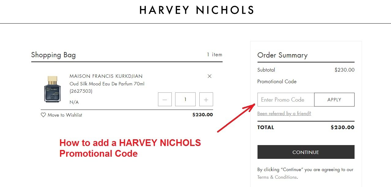 How to add a HARVEY NICHOLS promotional code