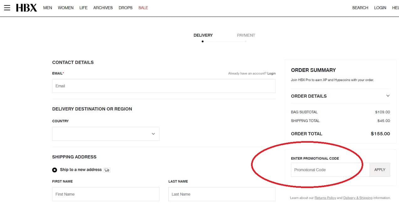 How to add a HBX Promotional Code