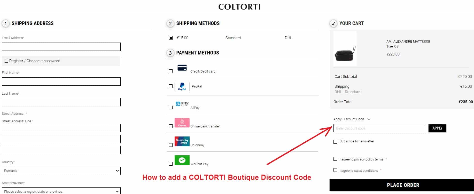 How to add a COLTORTI Discount Code