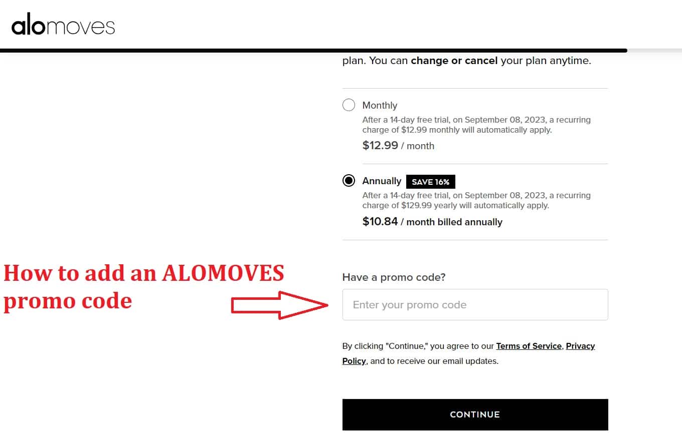 How to add an ALOMOVES promo code