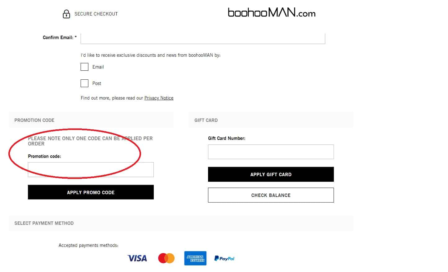 How to add a BoohooMAN promotion code