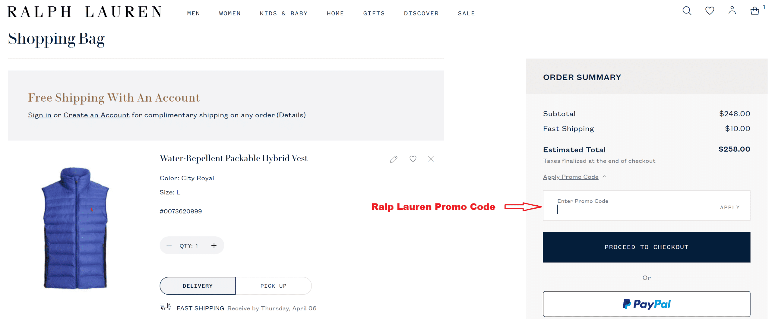 Step-by-step guide on how to add a Ralph Lauren promo code.